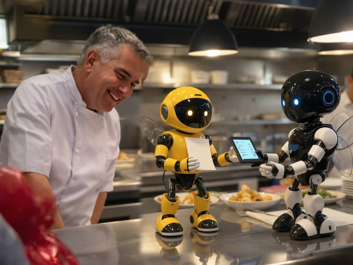 In a restaurant kitchen, two small robot bees swap the order note and the tablet while the chef laughs