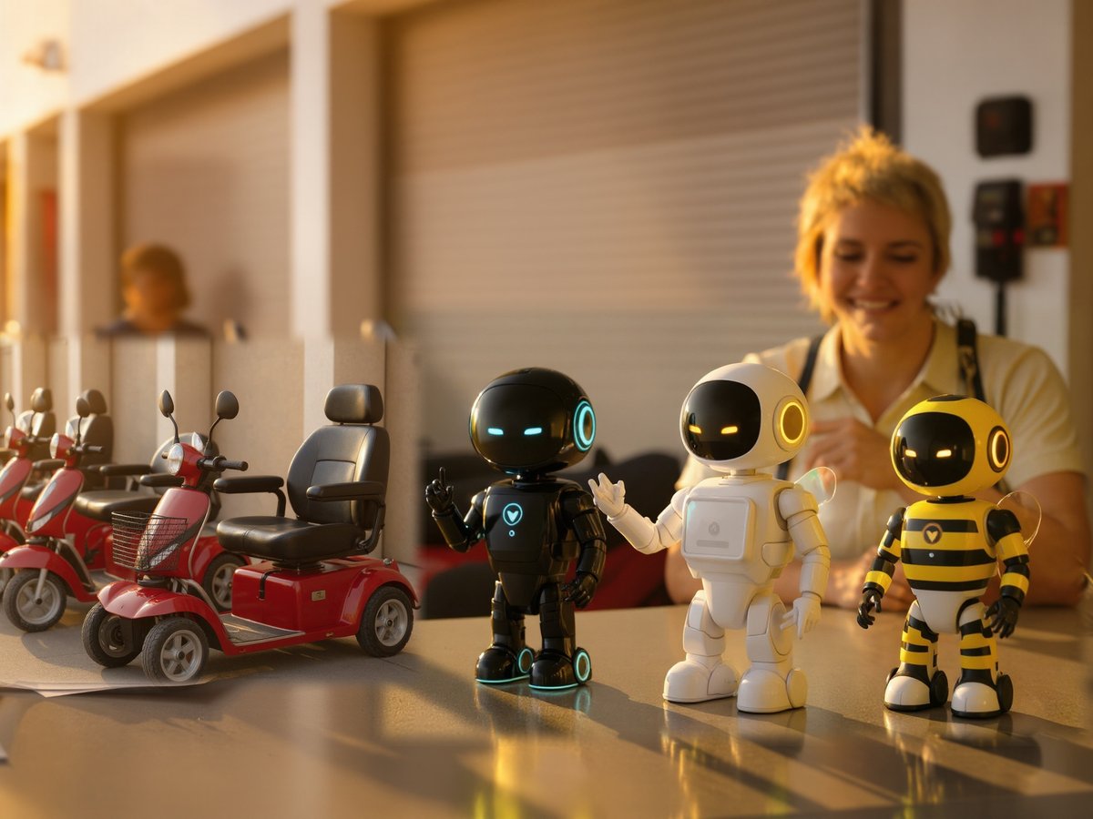 Early morning in a mobility scooter rental: three small robot bees on the counter show the owner the night summary and the list of ready scooters while she laughs over her coffee