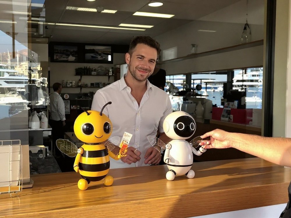 At an excursion office by the harbour, a yellow robot bee answers a tourist's chat while a white robot bee hands over a boat ticket