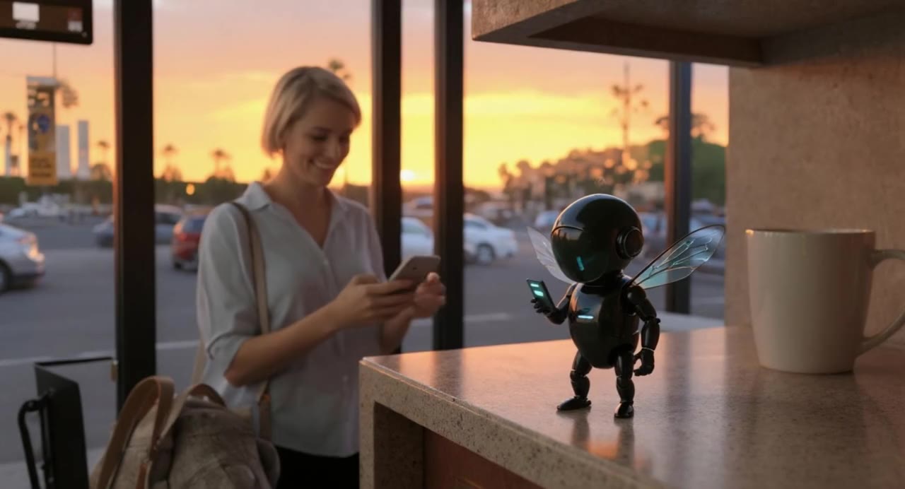 At sunset the rental owner checks the day on her phone and leaves on time while a black robot bee stays on night duty
