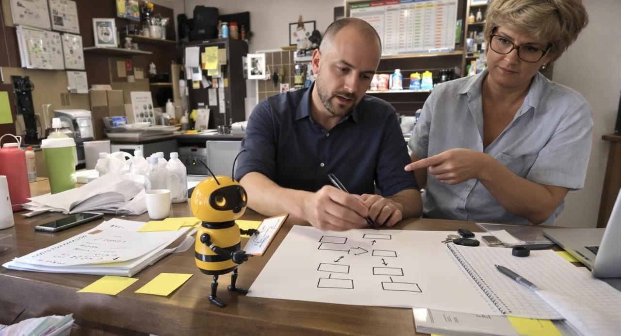 At a scooter rental counter full of papers, our consultant draws the order flow as boxes and arrows while the owner points, and a yellow robot bee copies the diagram
