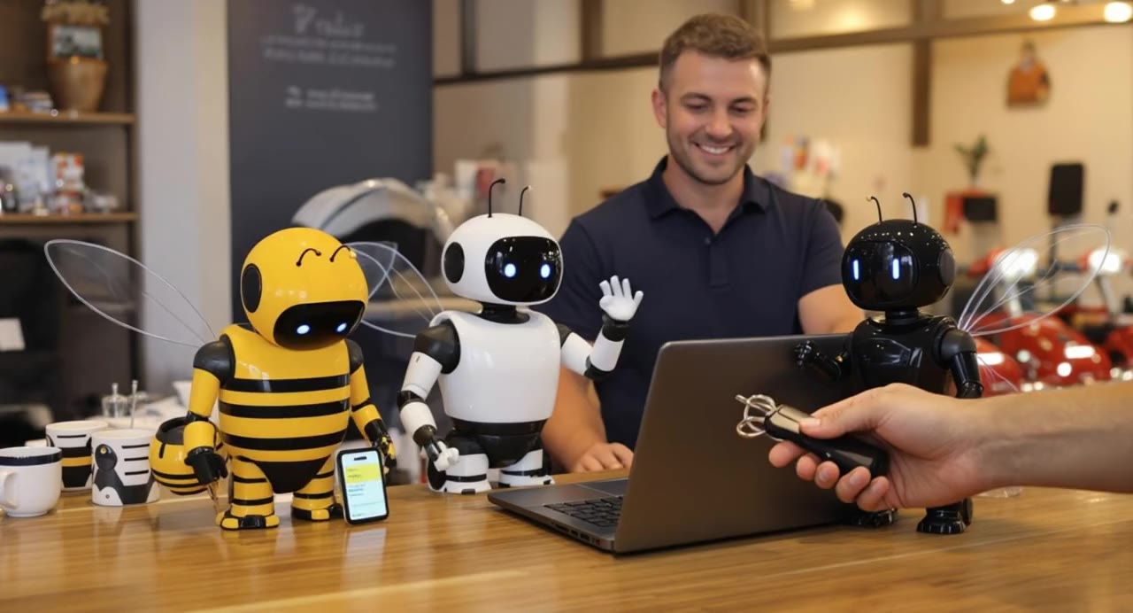 Three small robot bees pass a new order along at the rental counter while the driver takes the scooter keys