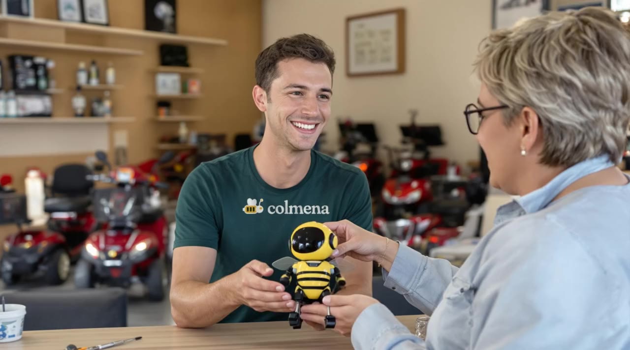 Our technician in a Colmena t-shirt hands a repaired yellow robot bee back to the rental owner